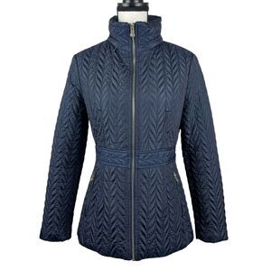 Kate Spade Women’s Puffer Jacket Small Navy Blue Quilted Full Zip Hooded Coat
